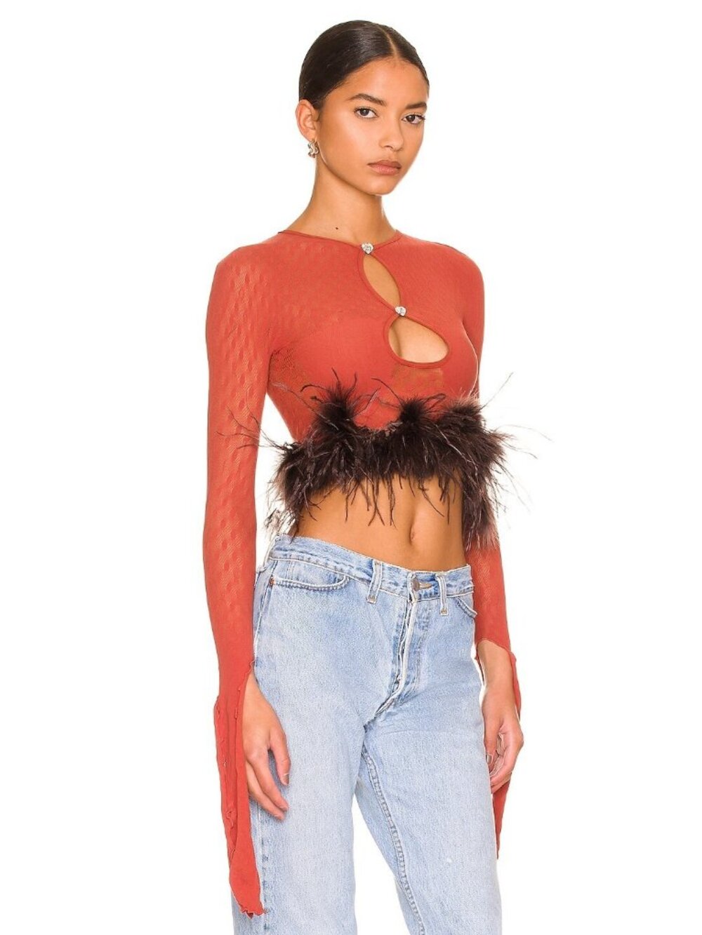 Poster Girl Mira Top in Burnt Henna & Chocolate Brown Feathers - Picture 2 of 4